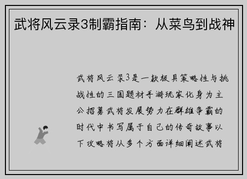 武将风云录3制霸指南：从菜鸟到战神